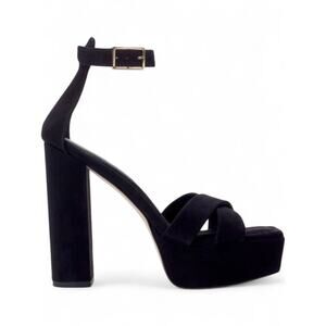 Black Suede Platform Block Heel Sandal Square Toe Ankle Strap Size 10.5 NEW